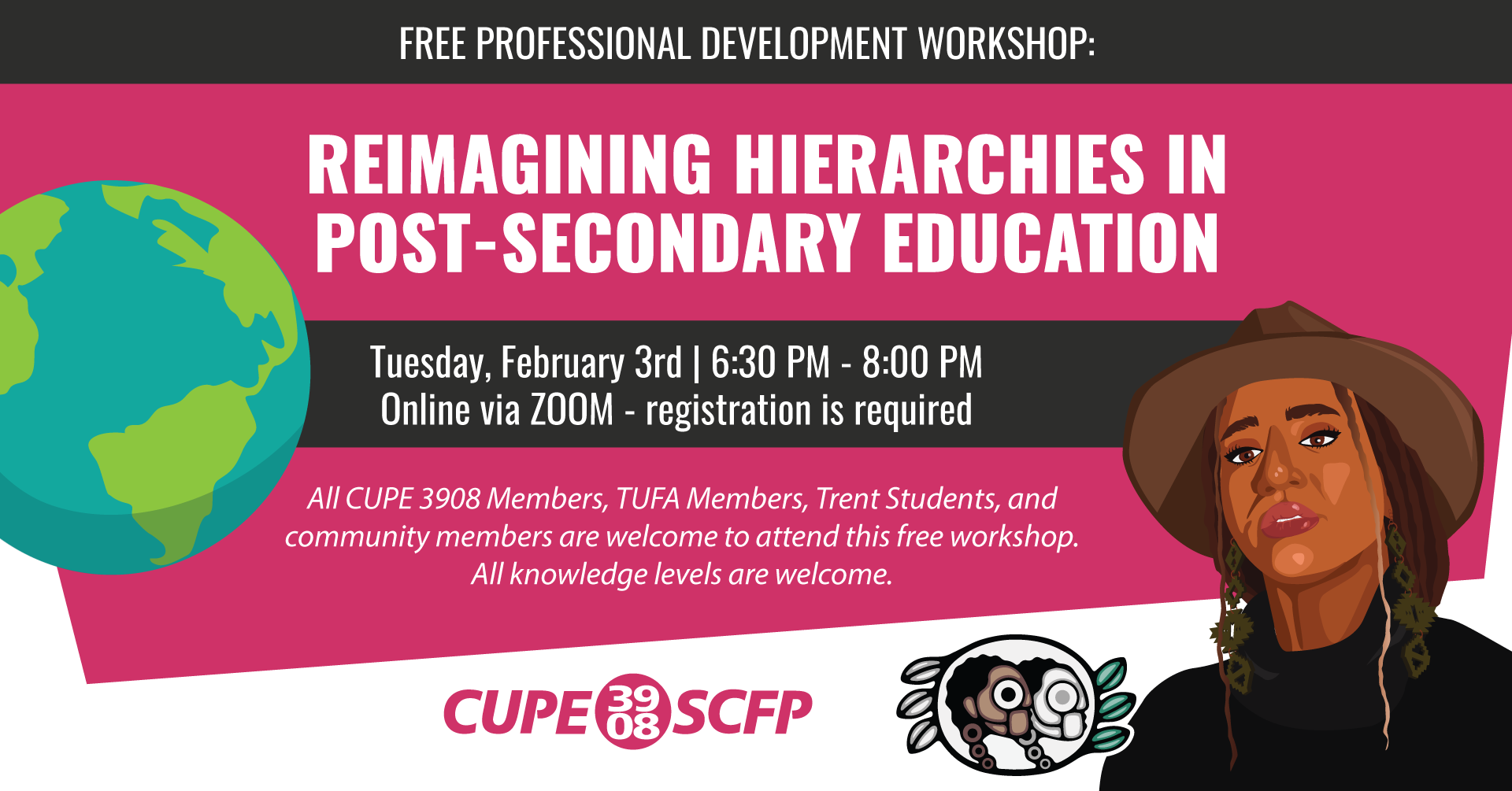 Graphic representation of the title of the workshop. All text included in event details. Image includes illustration of a globe, and Workshop Facilitator Larissa Crawford. Larissa has both Métis and Jamaican ancestry.