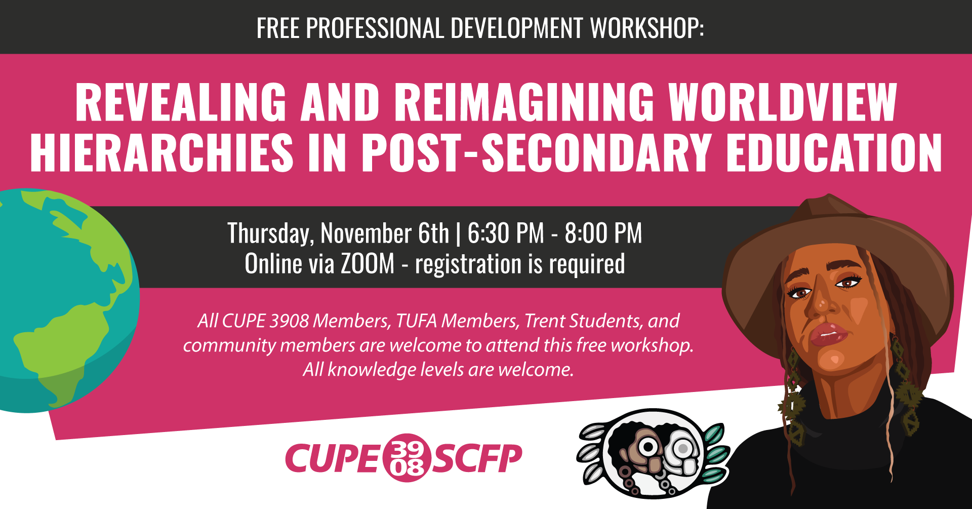 Graphic representation of the title of the workshop. All text included in event details. Image includes illustration of a globe, and Workshop Facilitator Larissa Crawford. Larissa has both Métis and Jamaican ancestry.