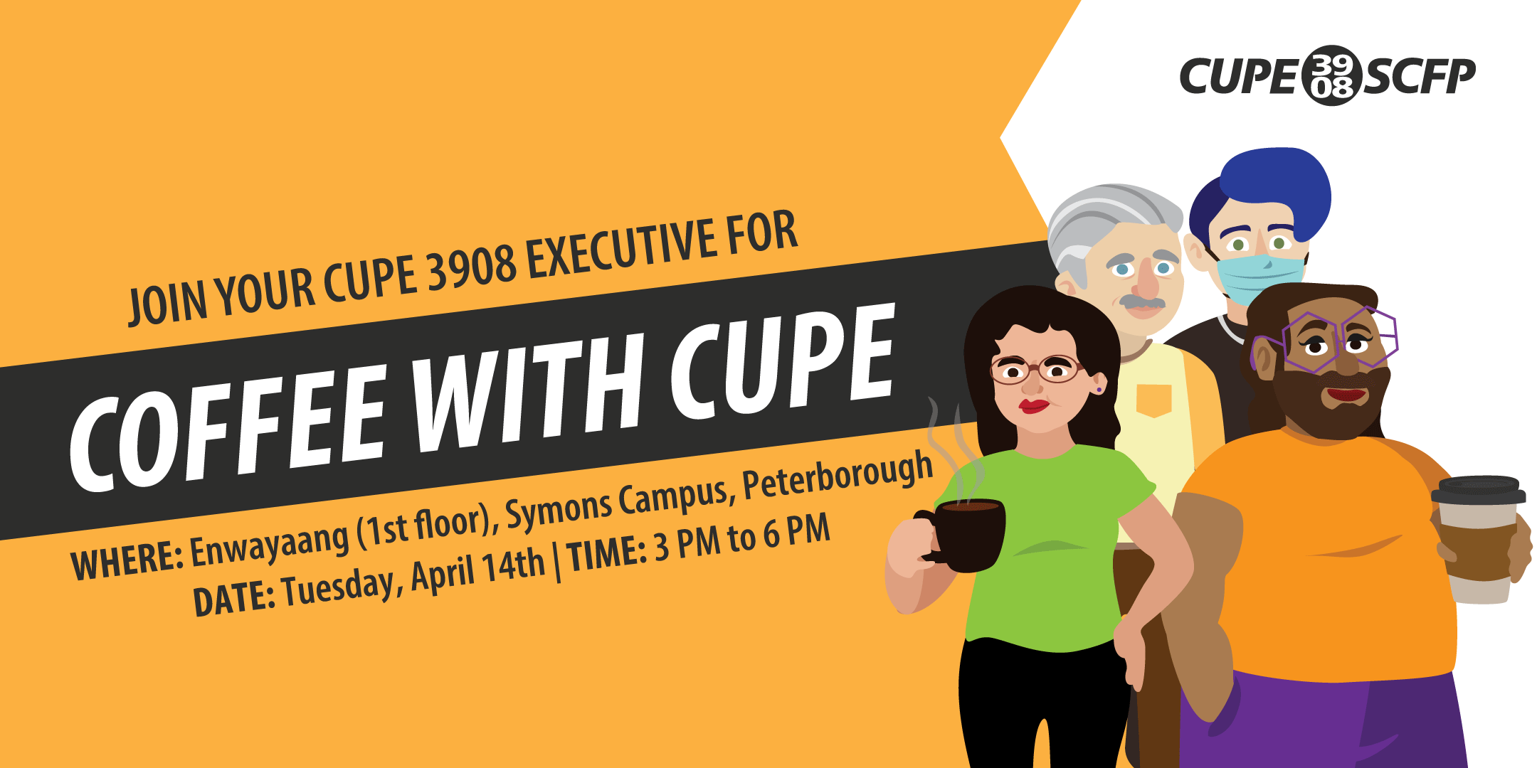 coffee with cupe banner, illustration of members happily gathering with coffee.