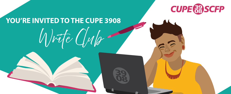 Illustration of pen writing "Write Club" above a book. Person leaning forward, smiling, as they are at a laptop writing.