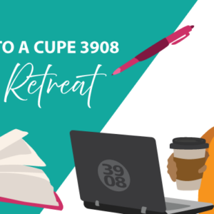 Illustration of pen writing "Writing Retreat" above a book. Person holding a cup of coffee, smiling, as they are at a laptop writing.