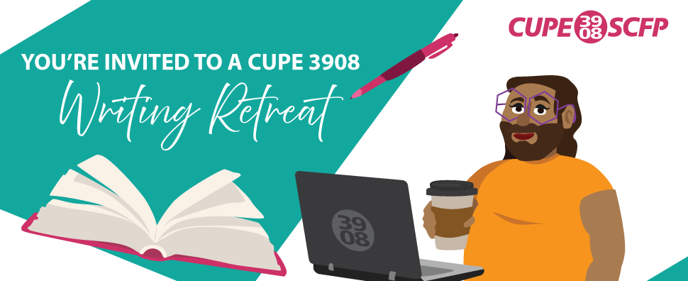 Illustration of pen writing "Writing Retreat" above a book. Person holding a cup of coffee, smiling, as they are at a laptop writing.